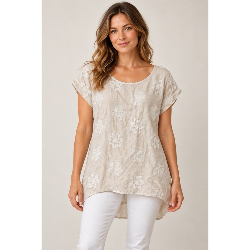 Terzo Millennio Womens L Sand Linen Floral Embroidered Tunic Top Italy NWT